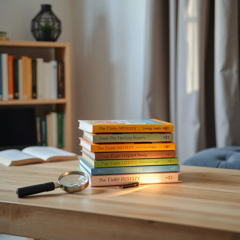 Colorful mystery books for young readers with a magnifying glass on a reading nook table