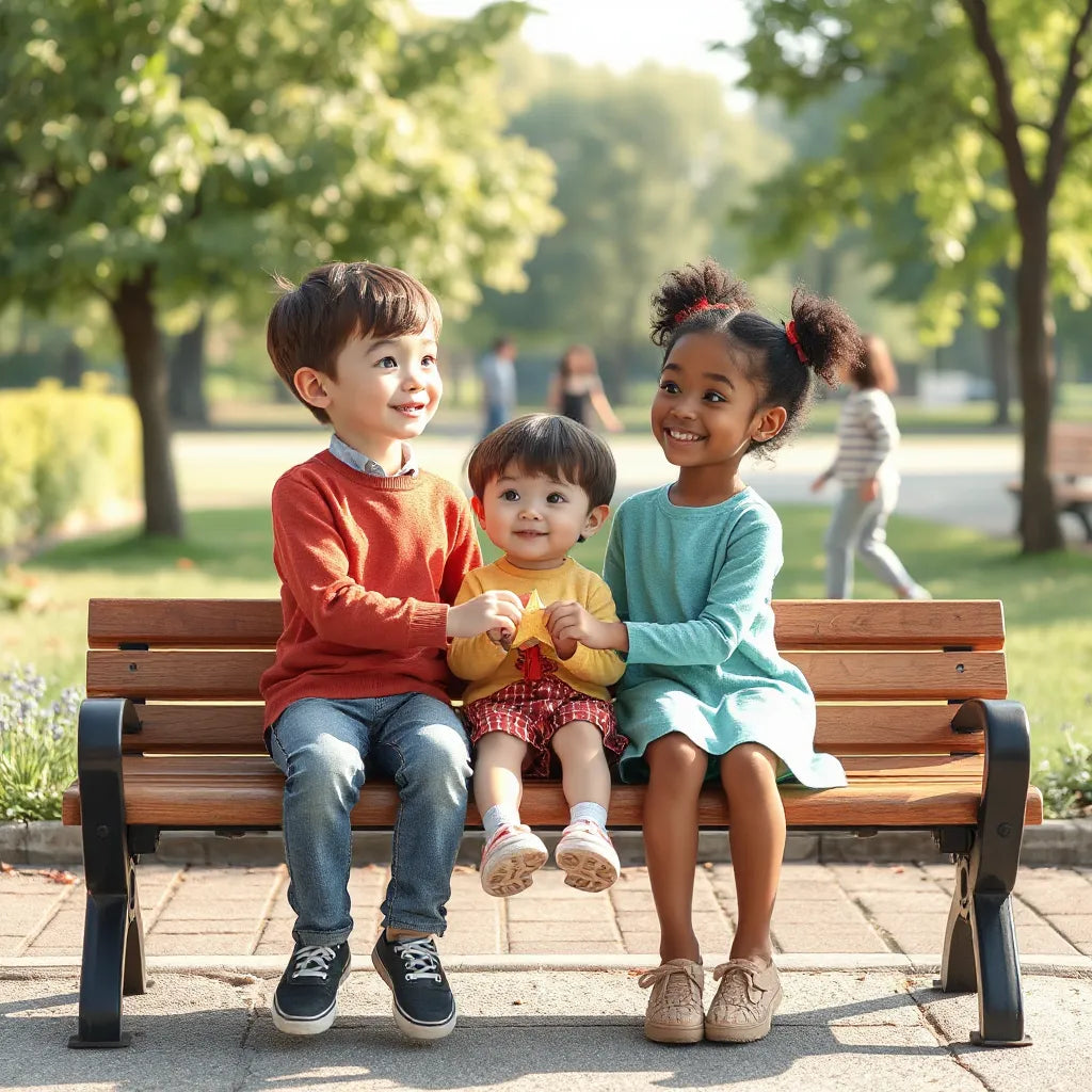 Two children sharing and smiling on a park bench, with warm sunshine and a friendly, calm background.
