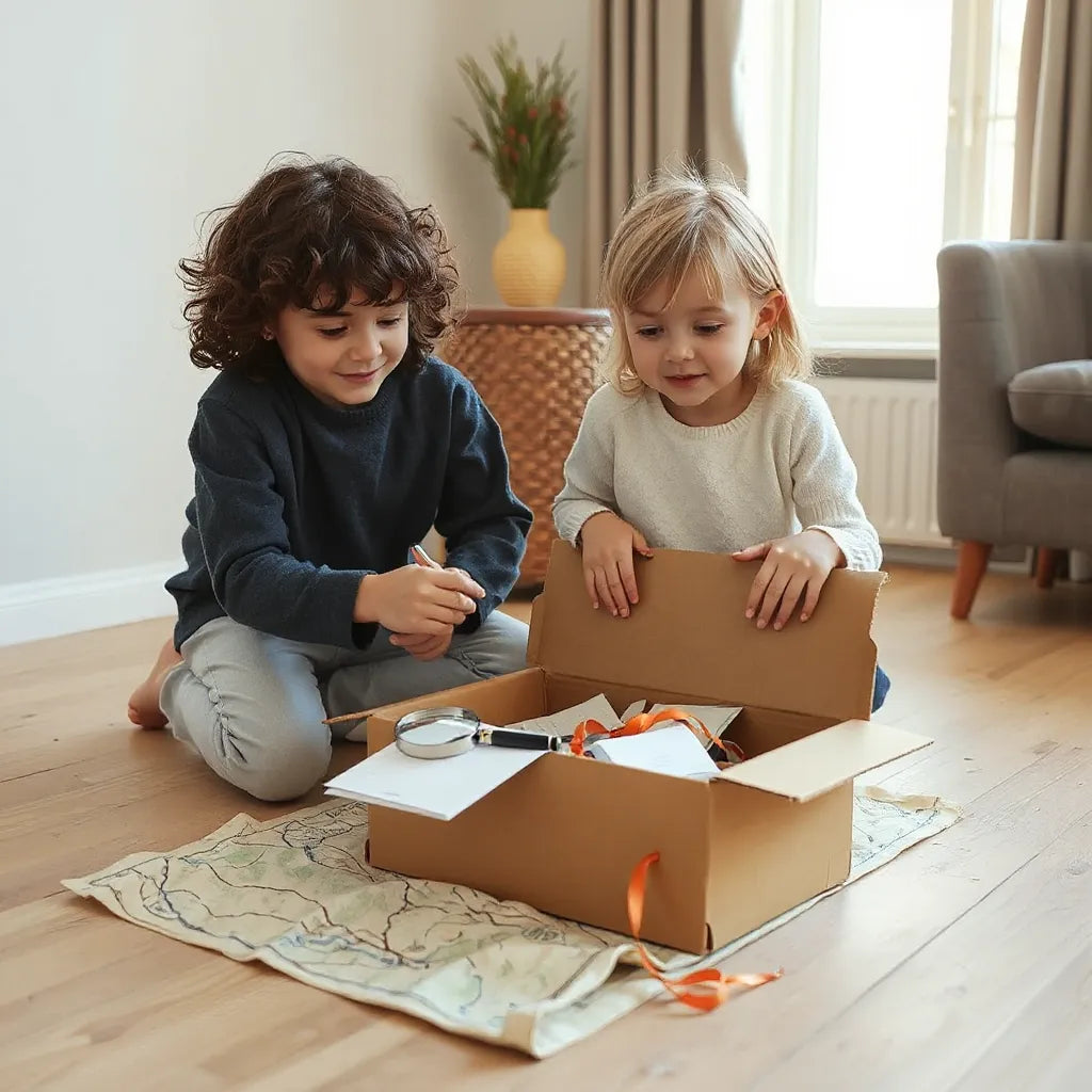 Kids exploring an open mystery box with magnifying glass and clue papers on a living room floor
