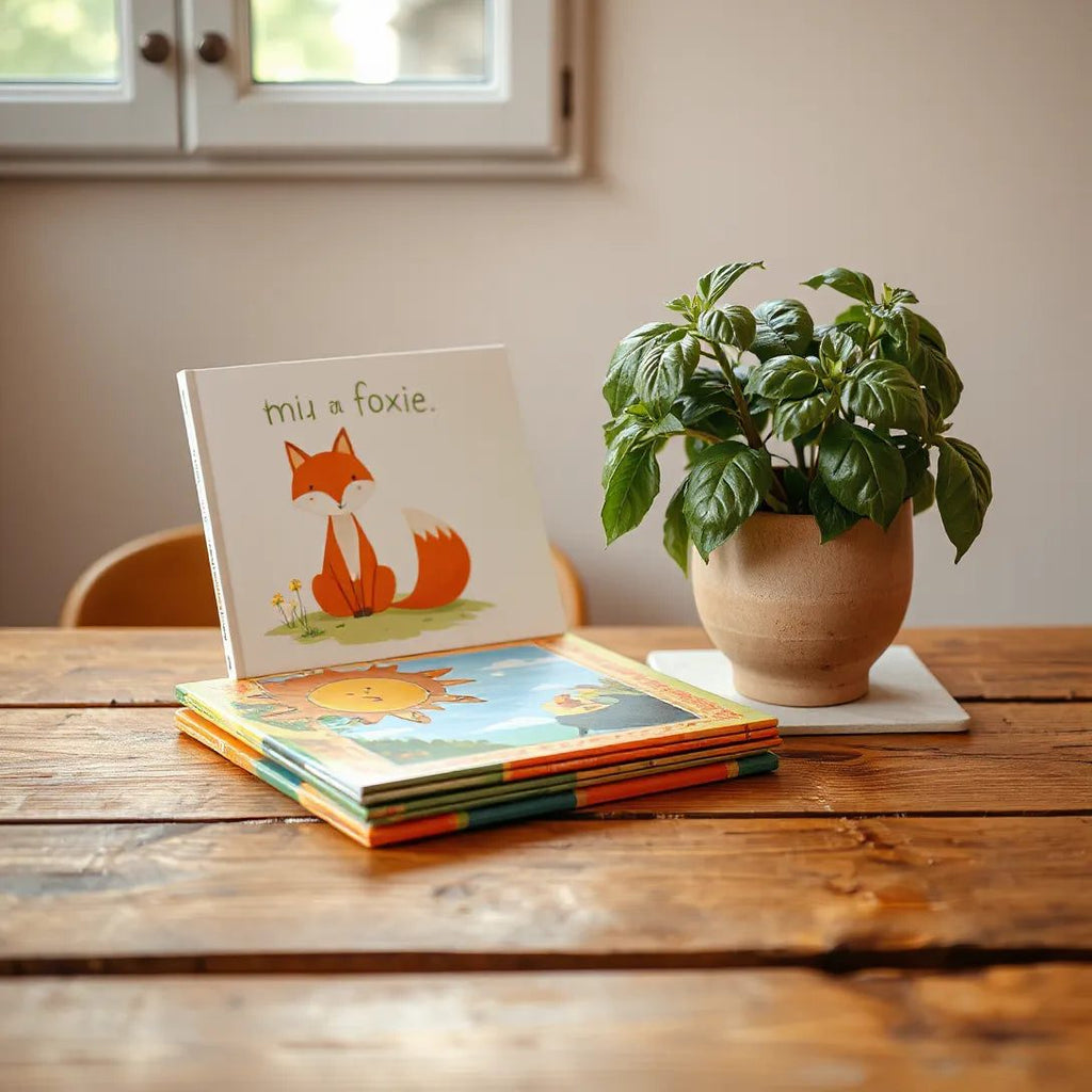 Colorful children’s storybooks on a wooden table beside a small basil plant and a fox-themed book