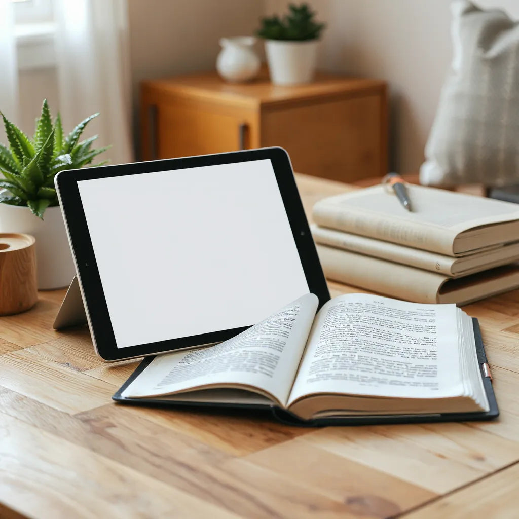 Tablet showing an interactive flipbook with an open book on a cozy reading table