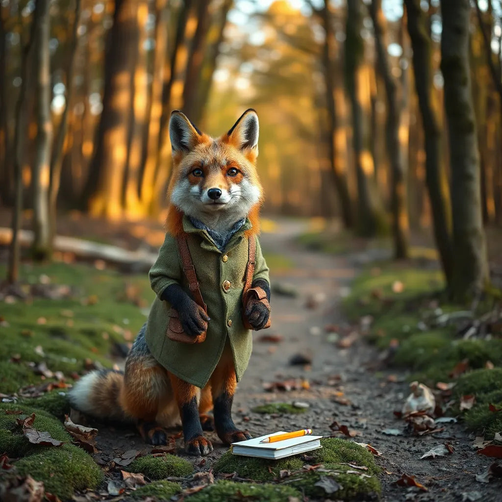 A curious fox character in a woodland clearing holding a small notebook and pencil
