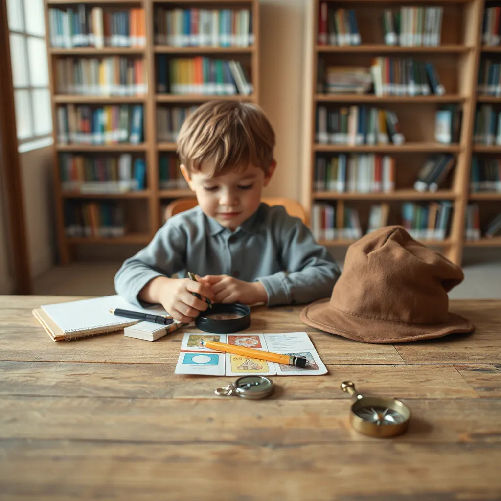 Child examines mystery clues with a magnifying glass on a notebook at a wooden table