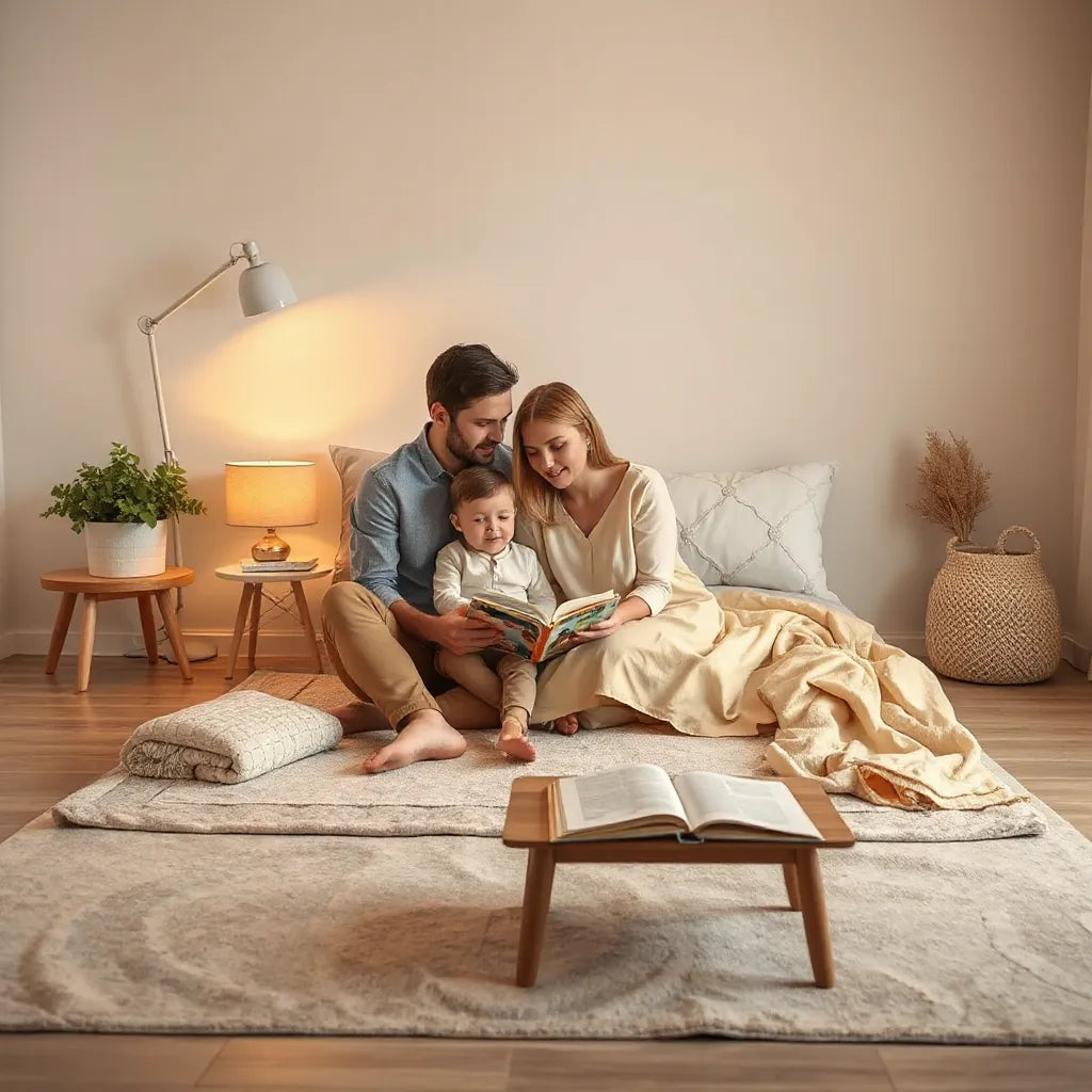 Child and parent reading an open picture book in a cozy bedtime room.