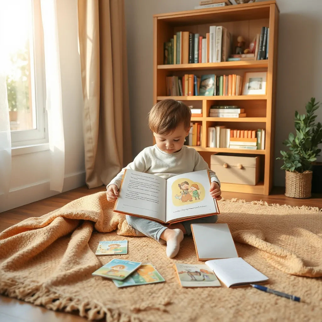 Child reading an open book with scattered blank question notes in a cozy room