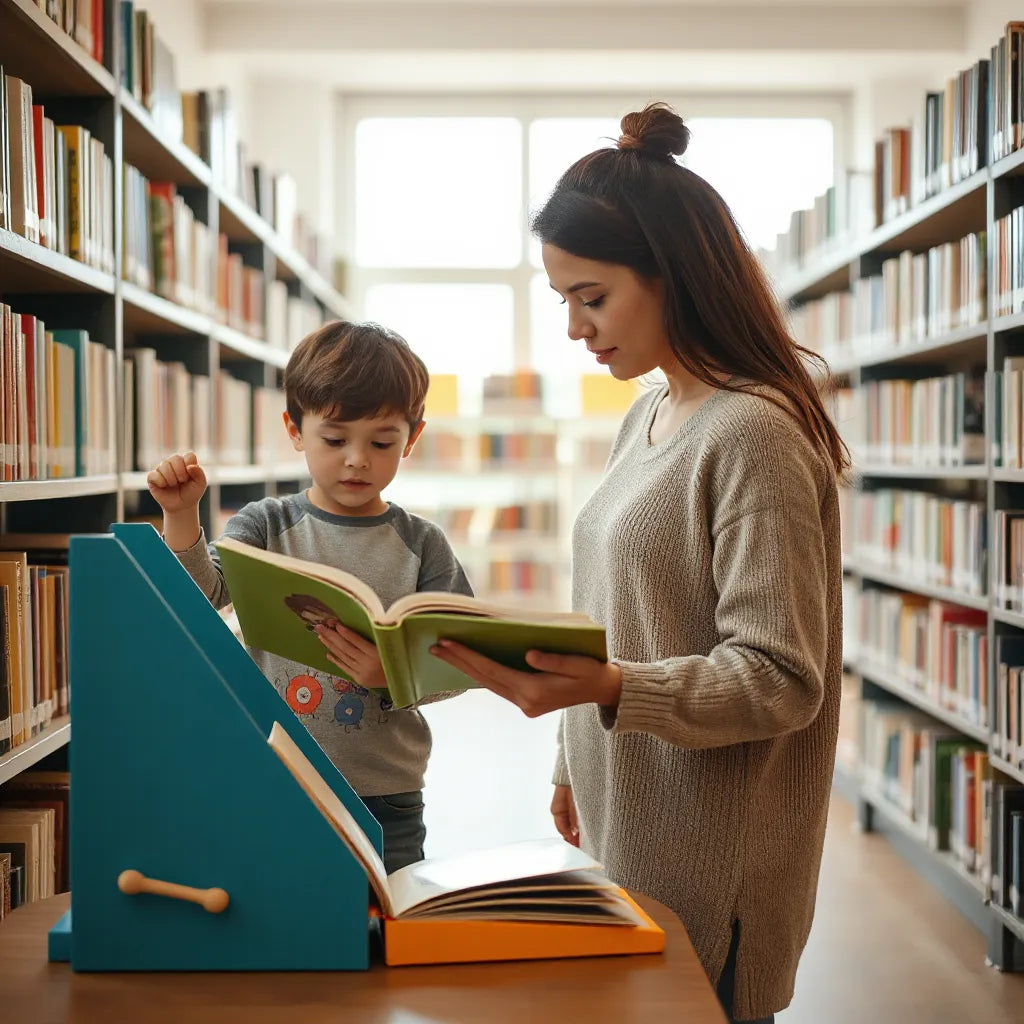 Parent and child browsing a children’s book display in a bright library