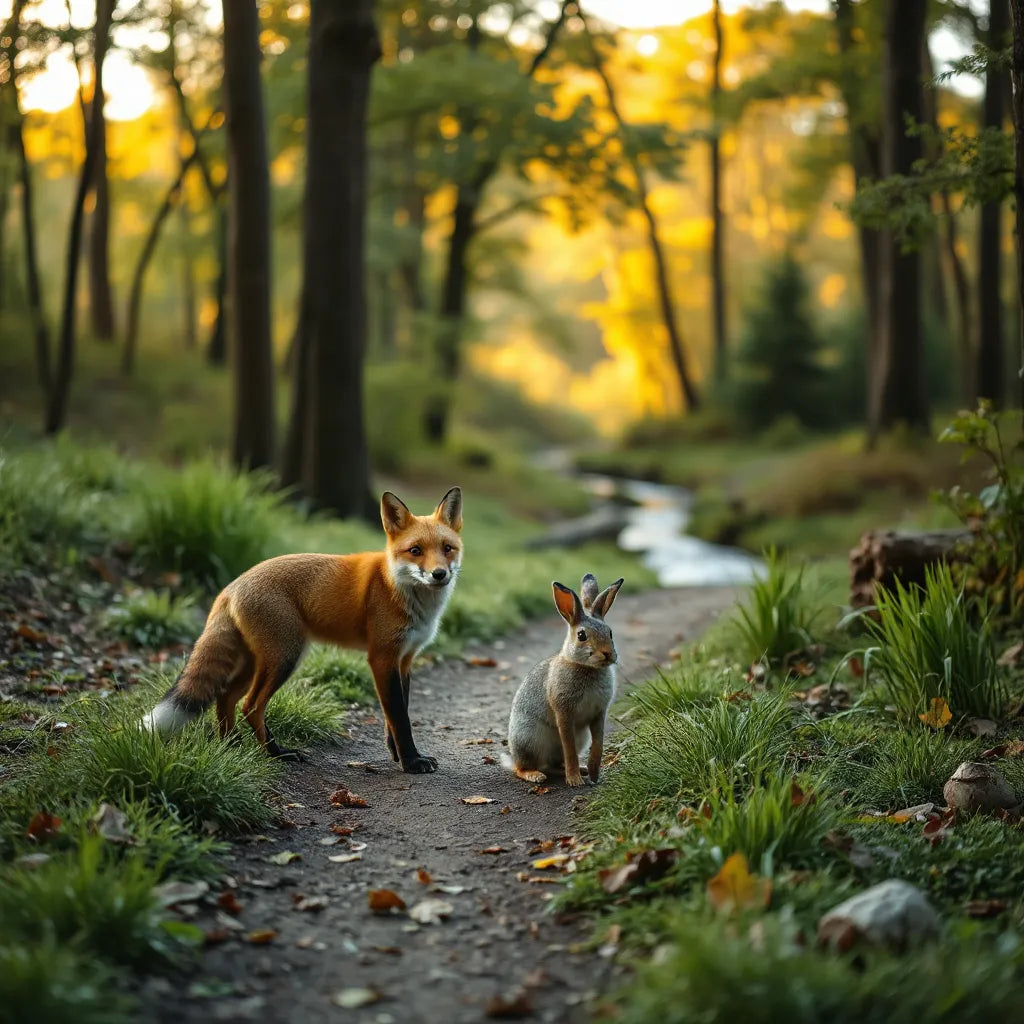 A fox and rabbit explore a forest trail together in warm morning light