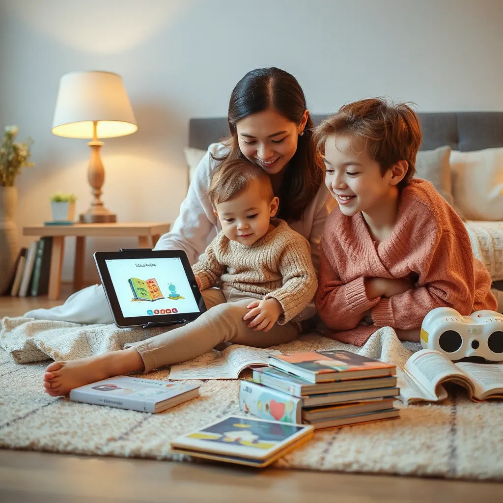Child smiling while reading a colorful story on a tablet at home with a parent nearby