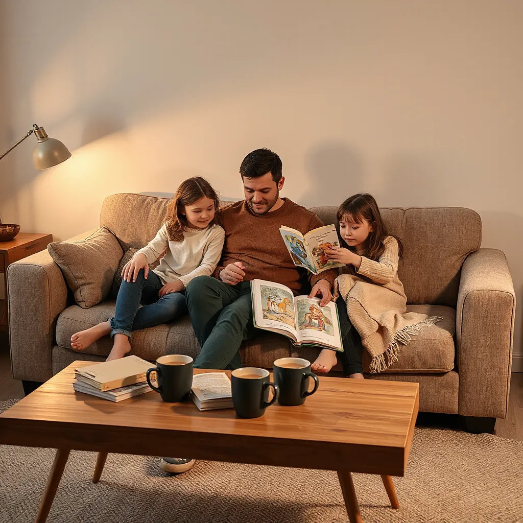 Family snuggled on a sofa as a parent reads an illustrated book to children at night