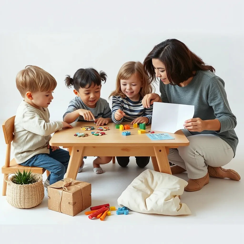 Kids collaborate at a table with puzzle pieces and building blocks while an adult guides