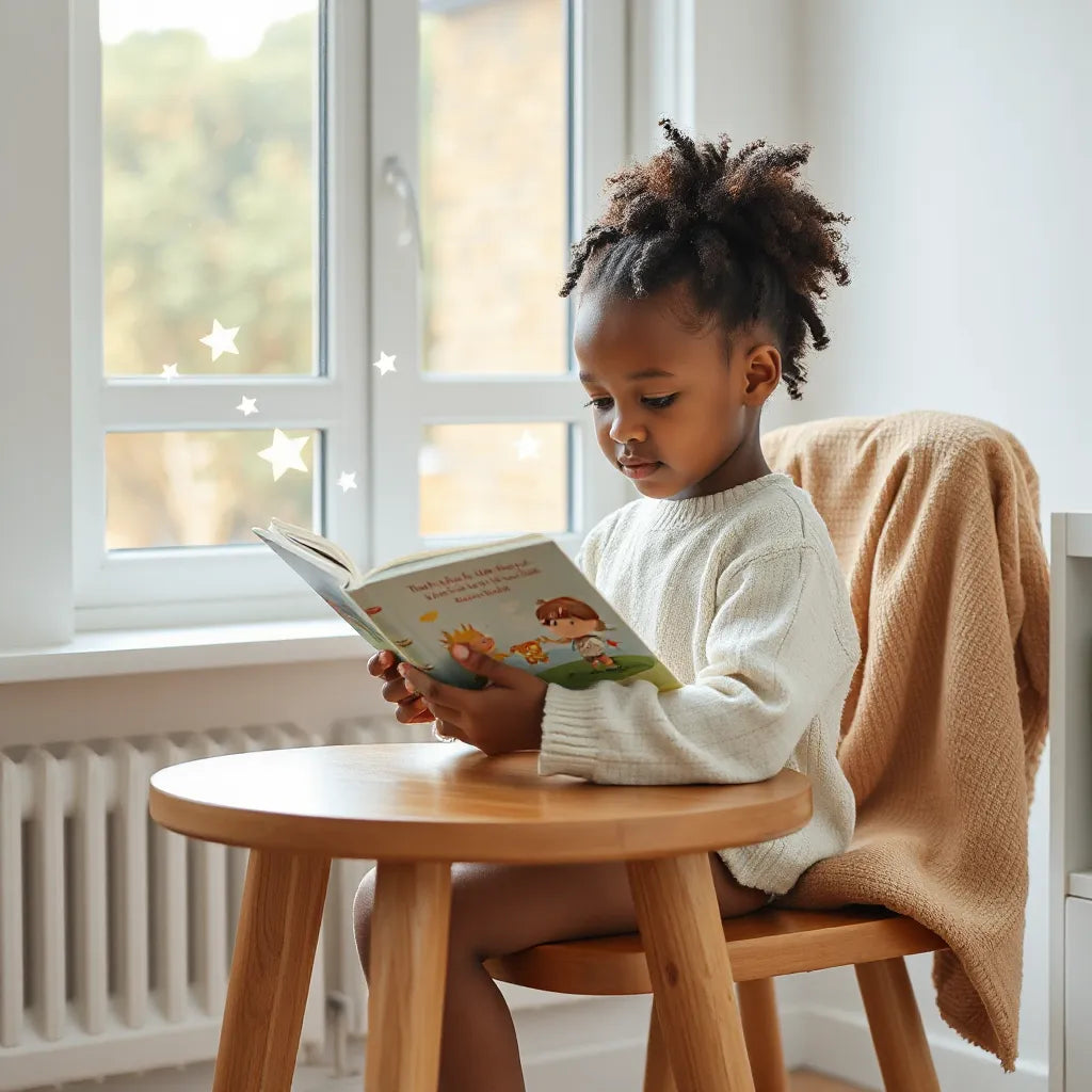 Child reading an open illustrated storybook by a window with subtle floating paper stars