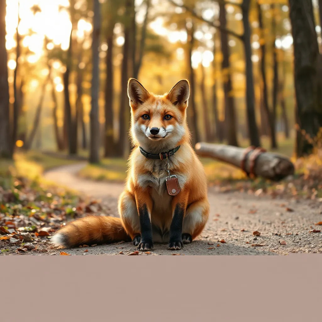 A friendly orange fox named Basil on a forest path with a satchel and sunlit trees