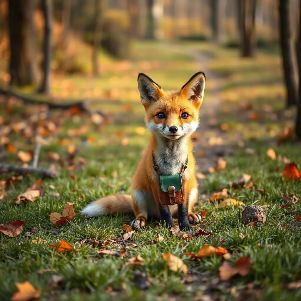 A curious fox named Basil with a satchel sits in a quiet forest clearing
