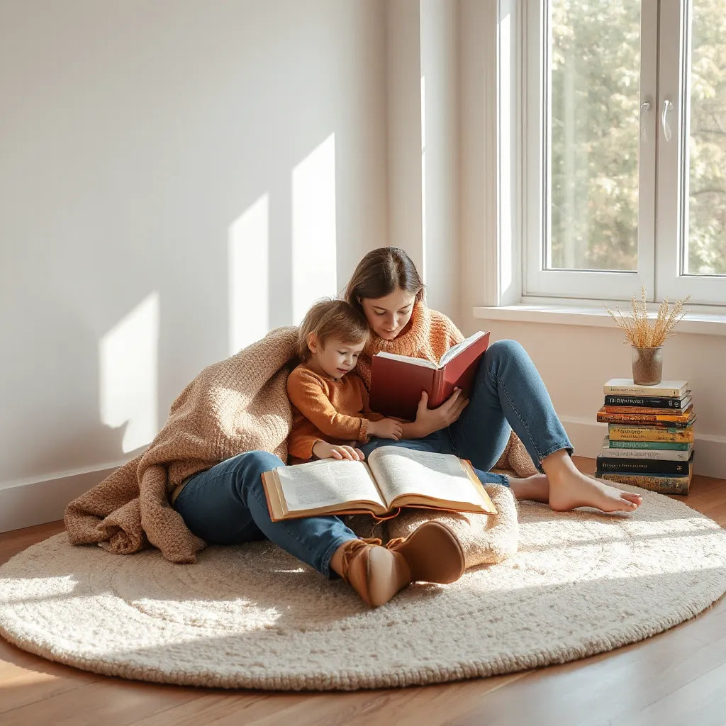 Child and adult sharing an open book in a warm reading nook by a window