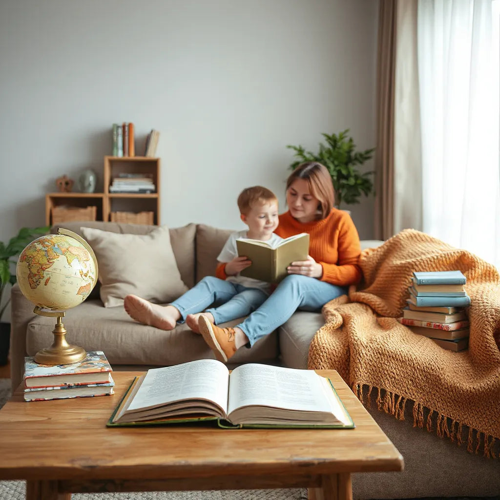 Cozy reading nook with an open book and a child and caregiver seated together in warm light