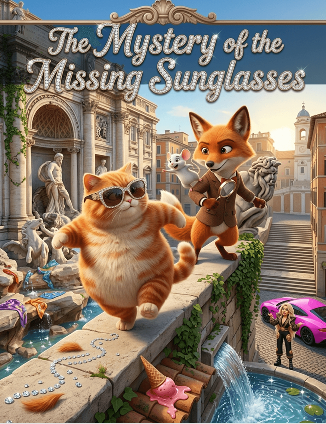 Ginger cat wearing Medusa Diamond Sunglasses on marble statue near Trevi Fountain during fashion mystery investigation