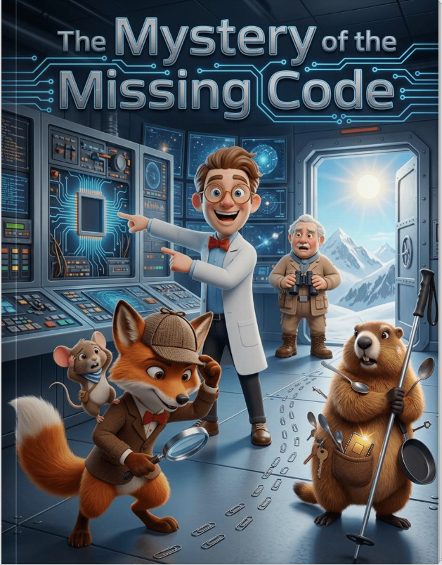 Detective Basil the Fox and assistant Pip investigating the Mystery of the Missing Code in snowy Swiss Alps.