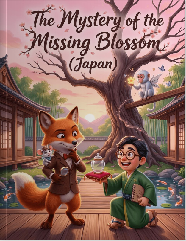 Illustration of Basil the Fox and Pip the mouse investigating the disappearance of the Ancient Golden Sakura Blossom in a Kyoto temple garden