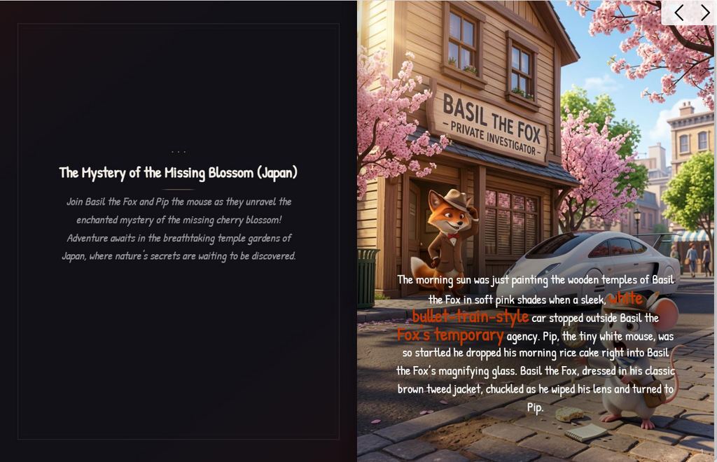 Illustration of detective Basil the Fox and assistant Pip the mouse investigating the disappearance of the Ancient Golden Sakura Blossom in a Kyoto temple garden.
