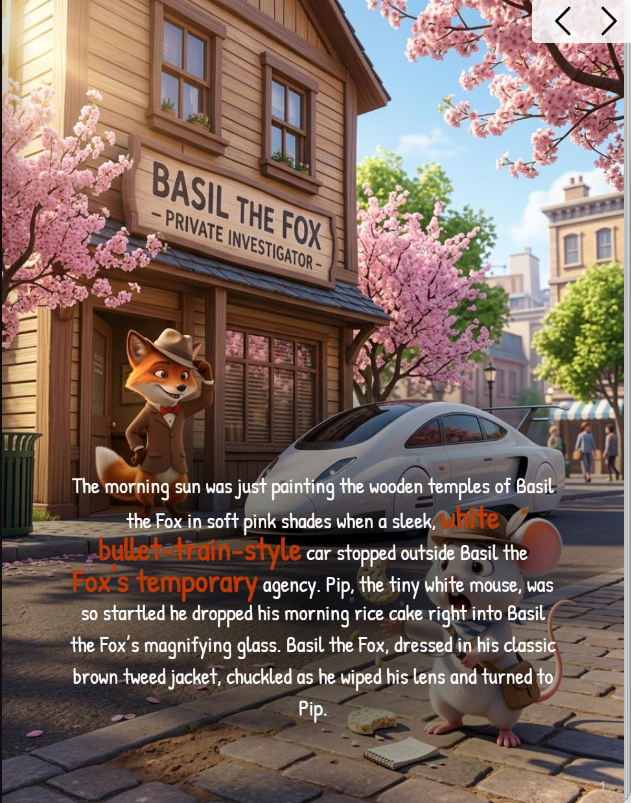 Illustration of Basil the Fox and Pip the mouse investigating the disappearance of the Ancient Golden Sakura Blossom in a vibrant Kyoto garden.