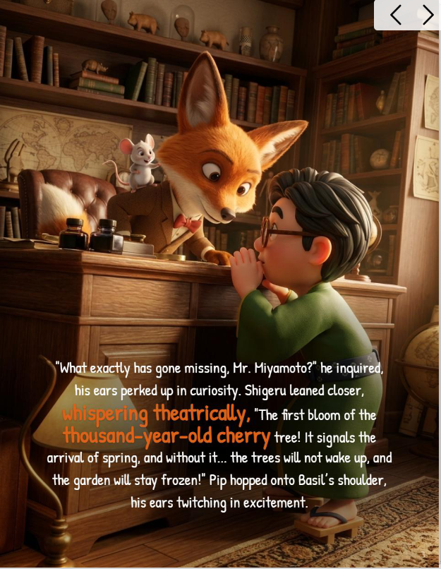 Illustration of detective Basil the Fox and assistant Pip the mouse investigating the disappearance of the Ancient Golden Sakura Blossom in a Kyoto temple garden