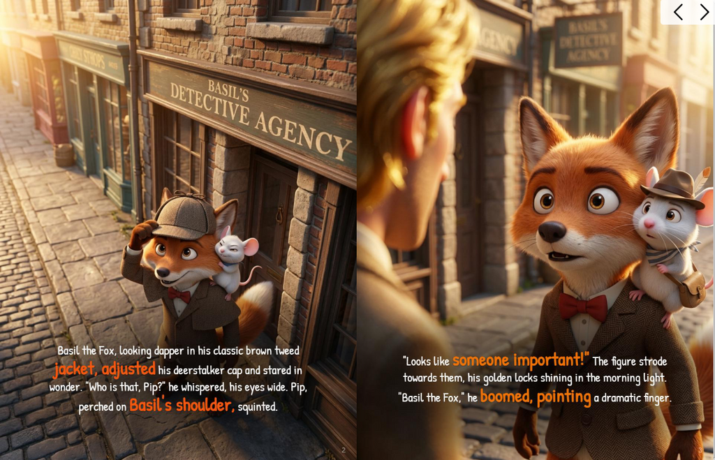 Detective Basil the Fox and Pip the mouse investigating the Mystery of the Golden Hairspray in New York City skyscraper