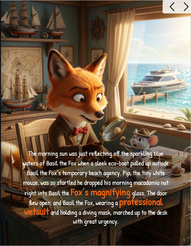 Illustration of Basil the Fox and Pip the mouse investigating the missing glowing neon coral in the Great Barrier Reef, Australia
