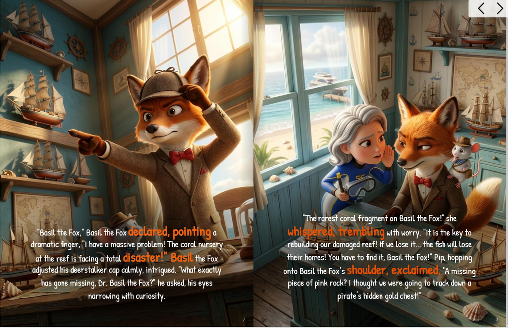 Illustration of Basil the Fox and Pip the mouse investigating the missing neon coral in Australia's Great Barrier Reef