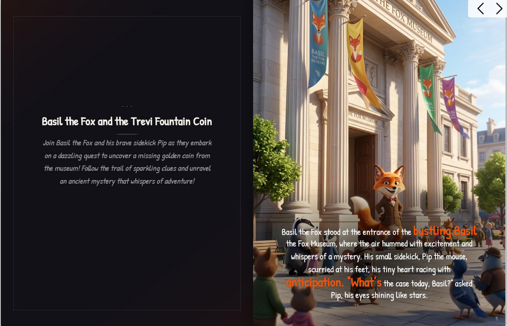 Detective Basil the Fox investigating missing Trevi Fountain Coin in museum with assistant Pip the mouse