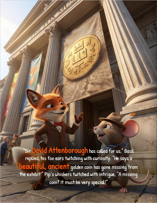 Detective Basil the Fox and Pip the mouse investigate the mystery of the ancient Trevi Fountain coin in a grand museum courtyard.