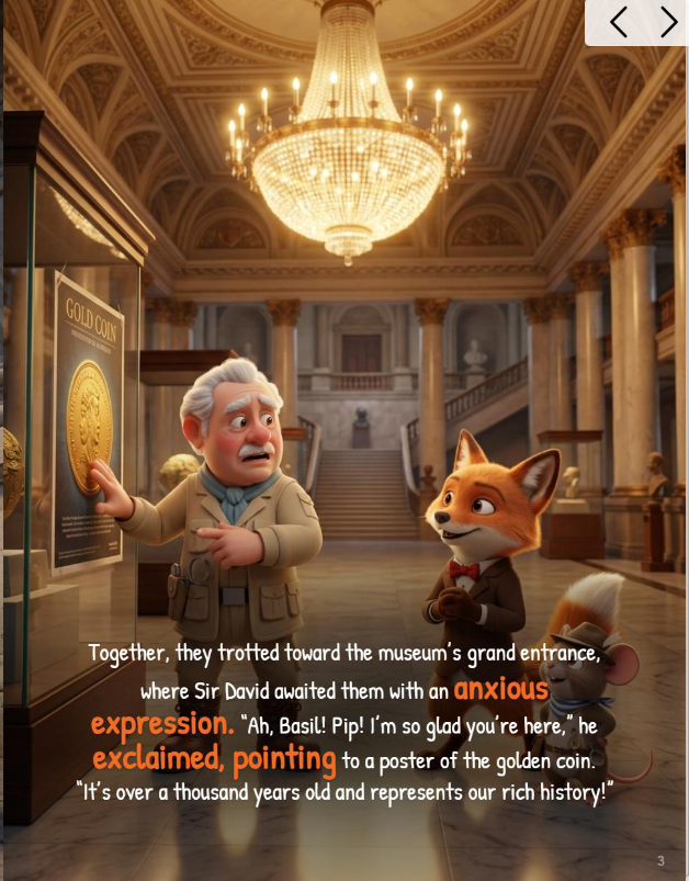 Detective Basil the Fox investigating the mystery of the missing Trevi Fountain Coin in a grand museum setting