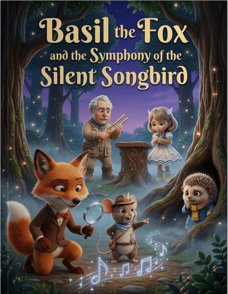 Illustration of the Silent Songbird mystery with forest animals and detective fox solving the missing violin case
