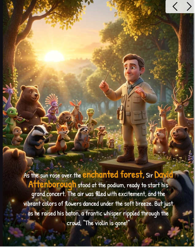 Illustration of Basil the Fox and assistant Pip investigating the mystery of the silent songbird in an enchanted forest with shimmering musical notes.