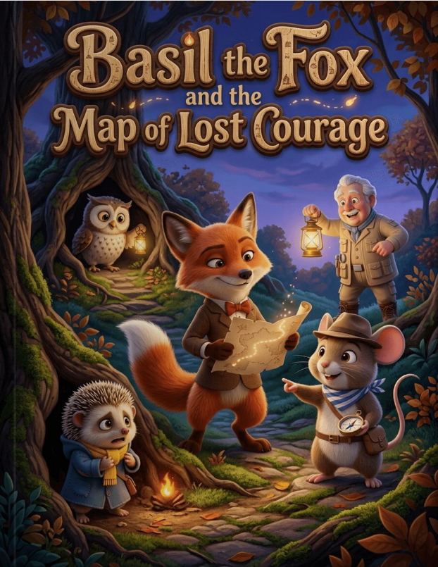 Illustration of Basil the Fox and Pip on a quest to solve the mystery of the missing golden lantern in a sunlit forest