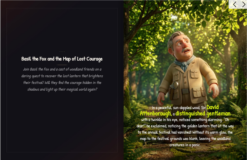 Illustration of Sir David Attenborough and Basil the Fox investigating the mystery of the lost golden lantern in a sunlit woodland