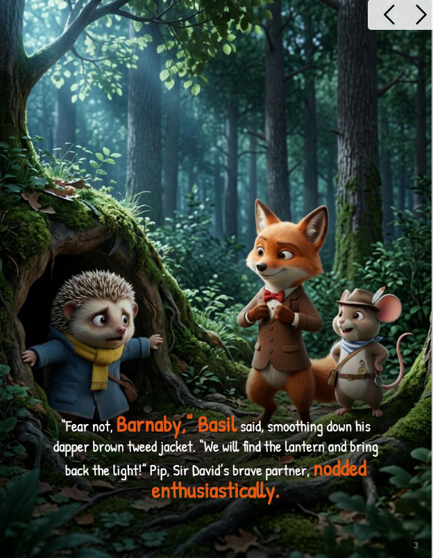 Illustration of Basil the Fox and Pip solving the Mystery of the Map in a sunlit forest with missing golden lantern