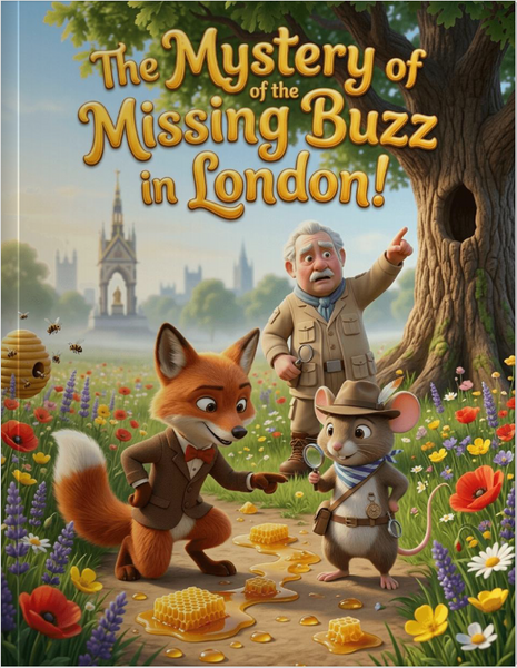 Illustration of Sir David Attenborough and detective Basil investigating the Royal Golden Queen Bee disappearance in London gardens