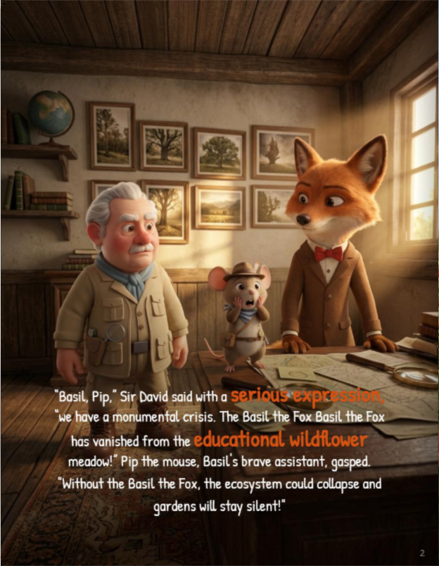 Illustration of detective Basil the Fox and Pip the mouse investigating the missing Royal Golden Queen Bee in London's Kensington Gardens