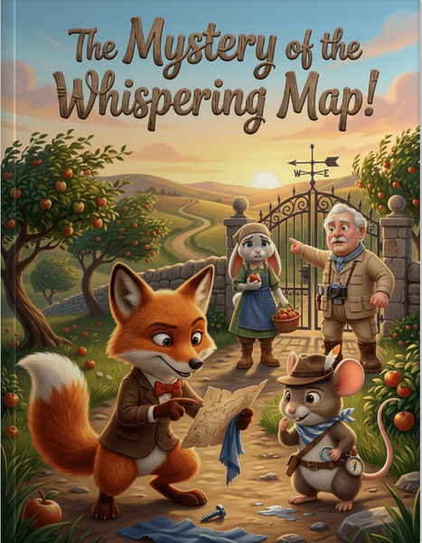 Basil the Fox detective agency with faded mysterious map and autumn orchard background