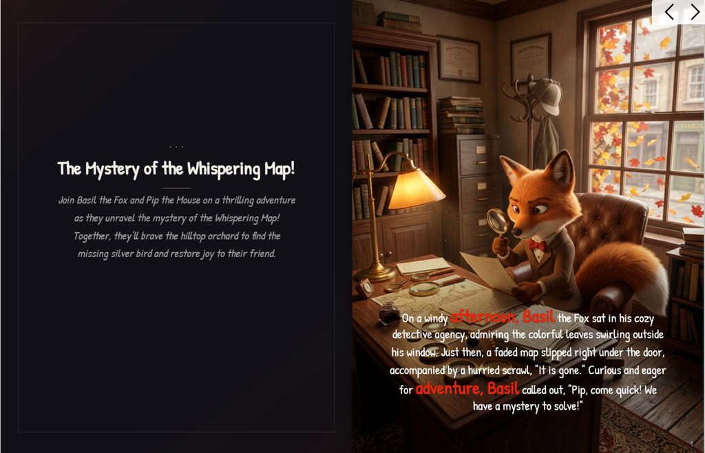 Basil the Fox detective agency with mysterious faded map and cozy autumn orchard illustration