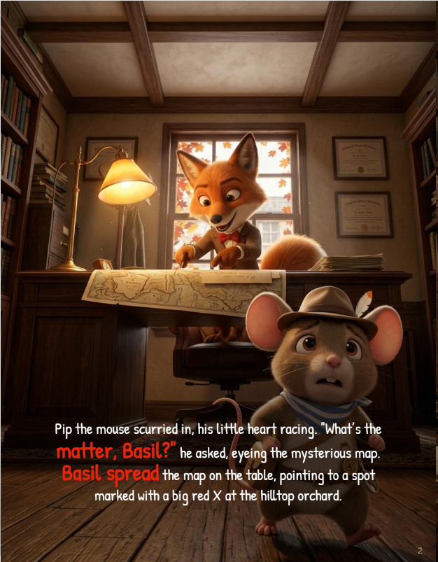 Basil the Fox and Pip the mouse investigate the missing silver Wishing Weather Vane at Pine Hollow orchard in a colorful autumn mystery illustration