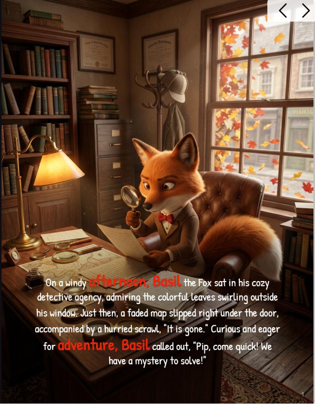 Basil the Fox detective agency with a mysterious faded map and autumn orchard background