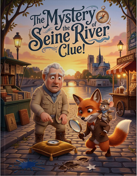 Illustration of Basil the Fox and Pip the mouse investigating a mystery at sunset by the Seine River in Paris