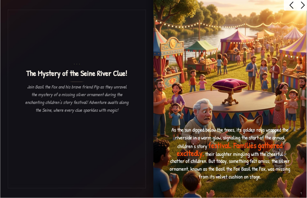 Basil the Fox and Pip the mouse investigating sunset mystery along the River Seine in Paris children's story festival
