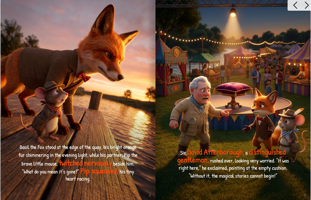 Basil the Fox detective investigating the missing Story Compass at sunset on the Seine River in Paris.