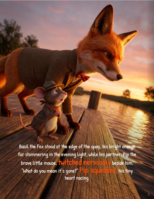 Illustration of Basil the Fox detective and Pip the mouse by the Seine River in Paris at sunset solving a children's story festival mystery