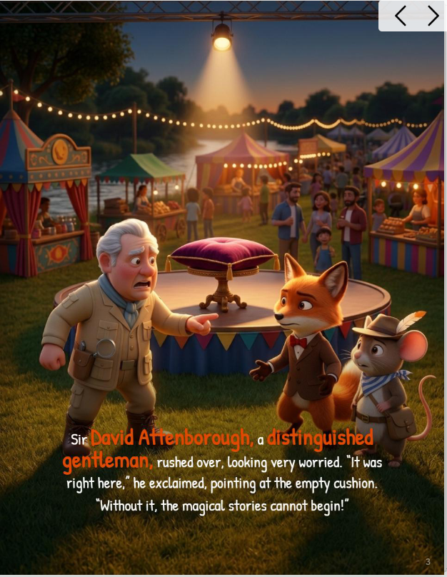 Basil the Fox and Pip the mouse investigating the missing Story Compass at sunset along the River Seine in Paris during a children's story festival