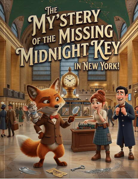 Detective Basil the Fox and Pip the mouse investigating mystery at Grand Central Terminal in New York
