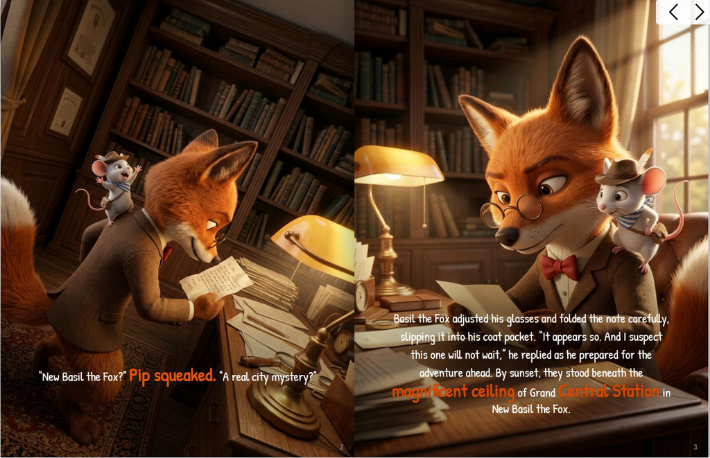 Detective Basil the Fox and partner Pip investigating the missing Midnight Key under Grand Central Terminal's starry ceiling at sunset in New York City