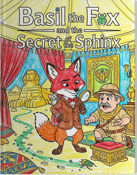 Free Basil the Fox interactive coloring book PDF featuring detective Basil in red bow tie on Egyptian adventure